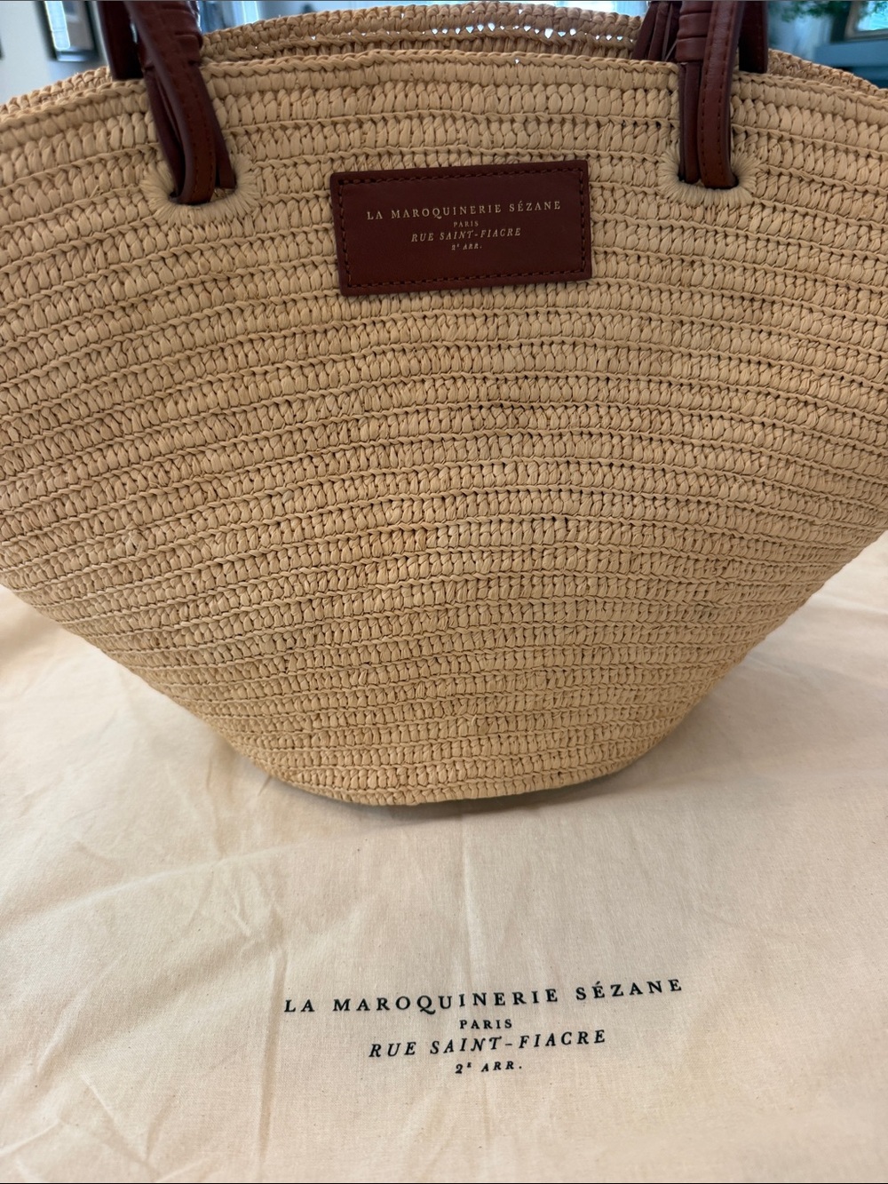 Sezane Justine Basket Bag - Straw Tote with Brown Leather Handles - Picture 3 of 12